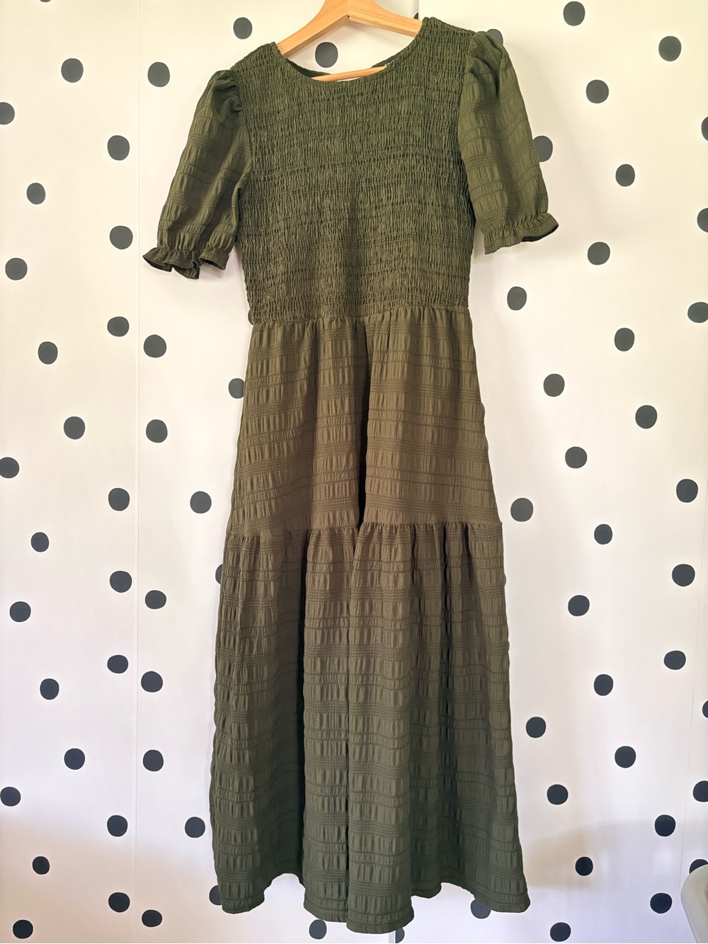 Olive Green Smocked Midi Dress with Puff Sleeves